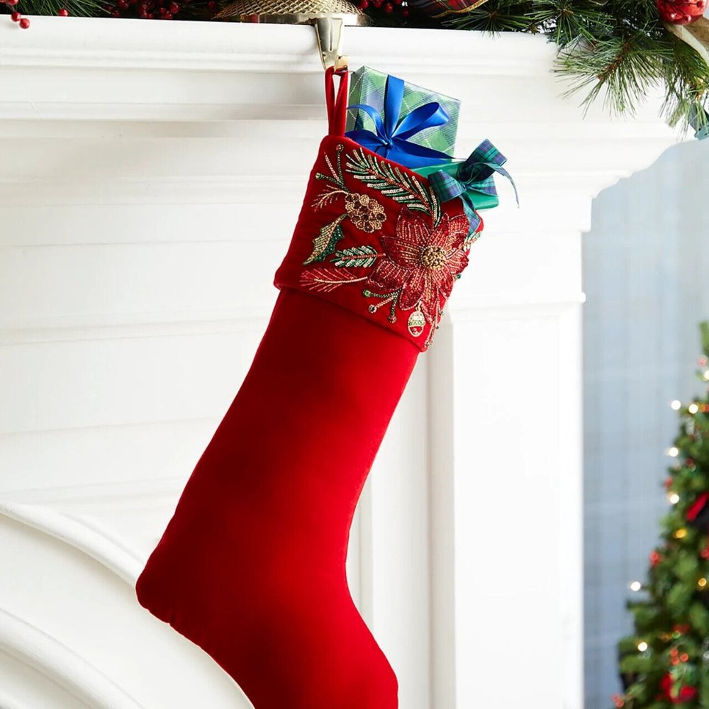 Neiman Marcus Embellished Poinsettia Cuff Velvet Christmas Stocking